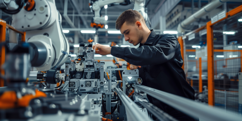 Mechatroniker Auszubildender baut eine Maschine zusammen